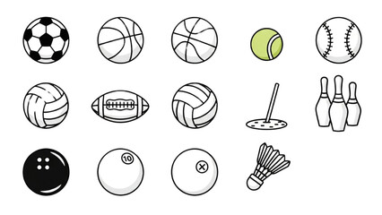 Fototapeta premium Collection of various sports equipment icons displayed on a clean white background