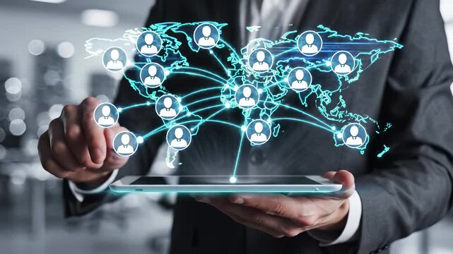 Global business network with connected profile icons on world map via tablet. International team collaboration, worldwide communication, and digital connectivity for corporate workforce management