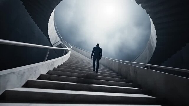 Man walking up a staircase towards a bright circular opening in a modern architectural structure with a misty atmosphere