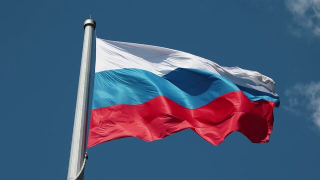 Russian national flag waving on flagpole against clear blue sky.