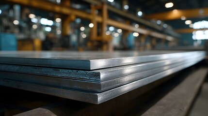 Stacked steel plates in a modern industrial manufacturing facility