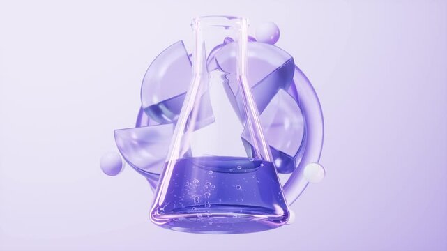 A mesmerizing cinematic motion graphic features a conical flask filled with purple liquid and bubbles, surrounded by rotating geometric shapes on a light background