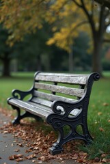 Park bench standing in autumn season foliage