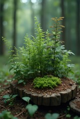 Green plants growing on tree stump in forest