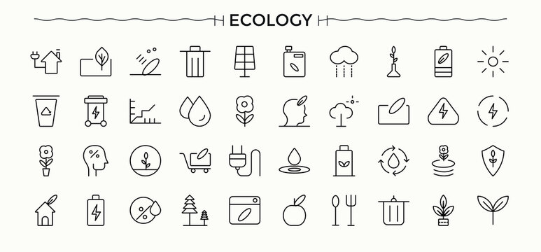 Ecology icon set in linear style. Minimalist icons pack. Included environmental, recycle, energy, environment, nature, eco. Pixel perfect. Editable stroke. Environment icon set.