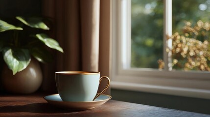 Obraz premium White cup and saucer on a wooden table in front of a window. the cup has a gold rim and handle, and the saucer is also gold. the window is open, letting in natural light that illuminates the room.