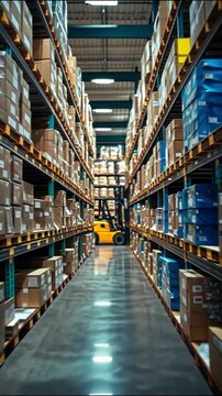 Exploring a large warehouse filled with boxes and a forklift moving between the aisles