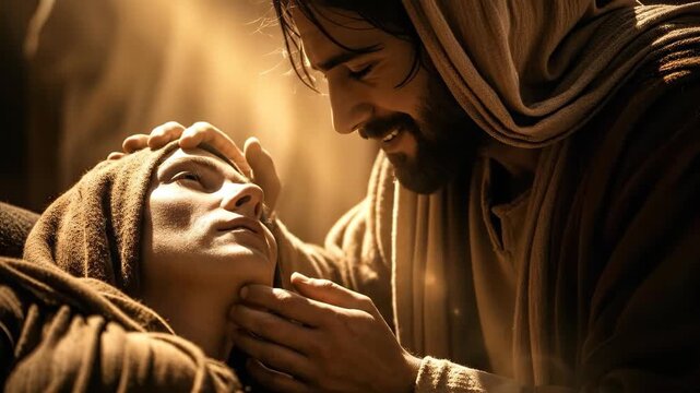 Jesus heals a woman with a gentle touch. Jesus Christ performs a miracle or blesses someone. A symbol of divine power and faith.