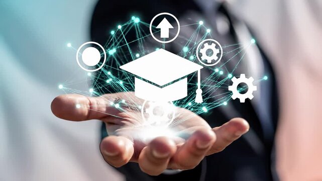 Digital education with graduation cap and network connections. Online learning technology for academic development, elearning platform, and professional training with virtual knowledge advancement