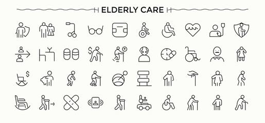 Set of Elderly Care line icon. Included nursing, old, retirement, care, generation, senior and more. Nursing line icon set. Art and illustration.