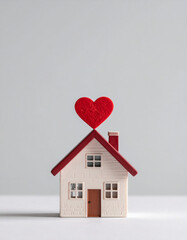 Minimalist scene of miniature house with red heart symbol above it, home love concept