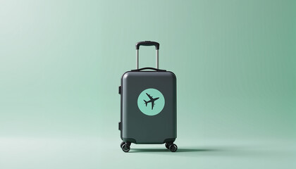 black carry-on suitcase with airplane logo against a soft green background, ideal for travel advertising and vacation planning