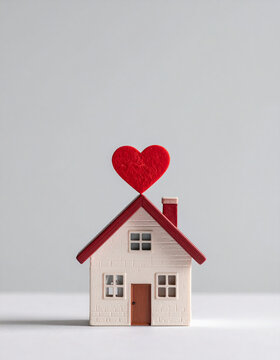 Minimalist scene of miniature house with red heart symbol above it, home love concept