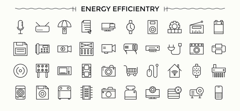 Energy Efficiently icon set. Vector icons collection. Included environmental, electric, efficient, eco. Editable stroke. Power icon set.