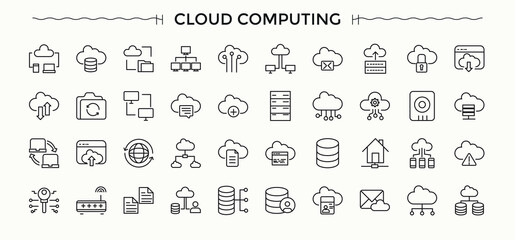 Cloud Computing line icon set. Includes symbols for cloud, network, hosting, computing, database and more. Computer icon set. Icons for website. Editable stroke.