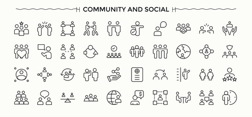 Community And Social icon set. Community icon collection. Contains related to charity, hand, network, relations, friend, community and more. Pictogram and infographic.
