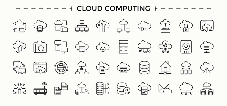 Cloud Computing line icon set. Includes symbols for cloud, network, hosting, computing, database and more. Computer icon set. Icons for website. Editable stroke.