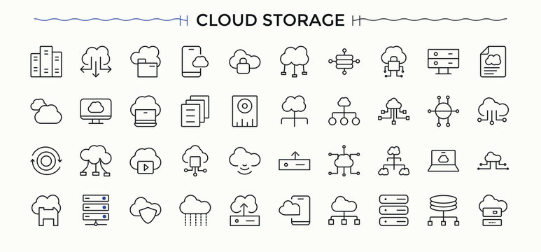 Set of Cloud Storage line icon. Contains related to hosting, network, server, database, storage and more. Thin UI icons. Storage modern icon set. Vector illustration.