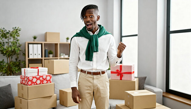 Excited young African American man surprised by Christmas gifts in his new home. Happy male celebrating with a fist pump while moving and unpacking boxes