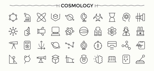 Cosmology line icon set. Universe icon collection. Minimalist icons pack. Pictograms of cosmos, galaxy, planet, universe and more. Editable stroke. Vector illustration. © Rubbble