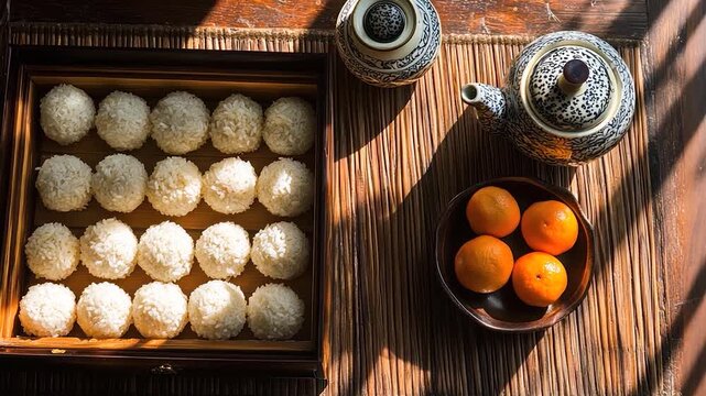 Rice balls in a wooden box, with oranges and a teapot on a woven placemat