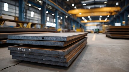 A close up view of a stack of thick raw steel plates within a large industrial manufacturing facility