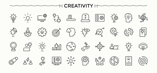 Creative icon set. Vector outline icons collection. Includes symbols for artwork, graphic, idea, designer. Vector illustration in modern line style. Graphic icon set.