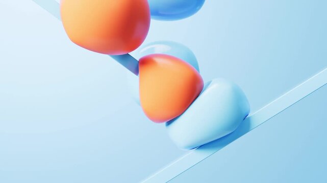 Abstract soft body physics animation with colorful squishy spheres falling on blue glass slopes in slow motion