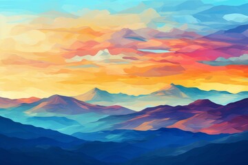 Obraz premium Abstract painting depicting mountain range at sunset with vivid colorful sky
