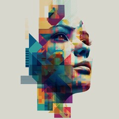 Creative abstract portrait with layered geometry symbolizing artificial intelligence and human emotion.