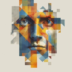 Abstract geometric AI face with colorful shapes expressing digital identity and creative technology.