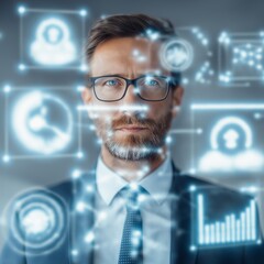 Businessman with futuristic digital interface analyzing data and artificial intelligence technology.