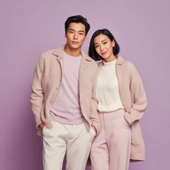 Fashionable couple in pastel outfits posing in modern studio portrait.
