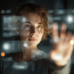 Young woman interacting with floating holographic digital interface, futuristic AI and technology concept.