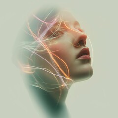 Surreal portrait of woman with glowing light lines symbolizing digital energy.