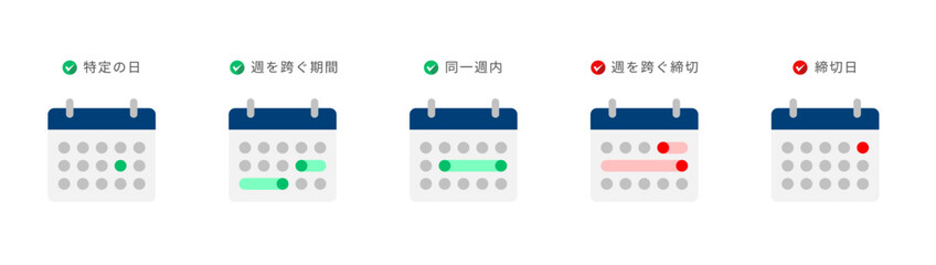 ネイビーブルーとライトグレーのカレンダーにエメラルドグリーンとスカーレットレッドで「特定の日」「週またぎ期間」「同一週内」「週またぎ締切」「締切日」を表示したスケジュール管理のためのカレンダー型フラットイラストアイコンセット
