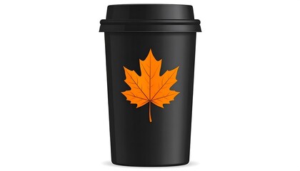 Black Coffee Cup with Orange Leaf Design.