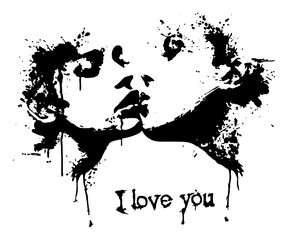 Naklejka premium Grunge vector illustration of a romantic silhouette with I love you text and ink splatters
