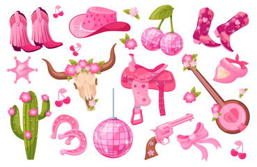 Cow girl set. Cowgirl disco ball, cherry bow hat boots sheriff badge texas preppy girly wild west rodeo party y2k cowboy gun cactus western accessories, neat vector illustration