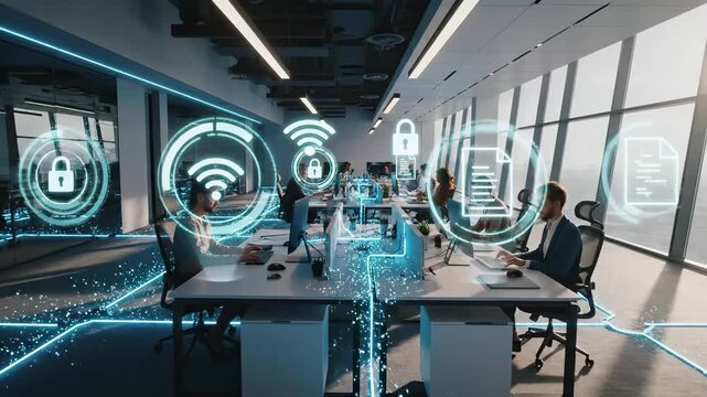 Modern office with cybersecurity network overlay icons including wifi, locks, and documents. Business team working in secure digital environment with data protection, encryption technology, it