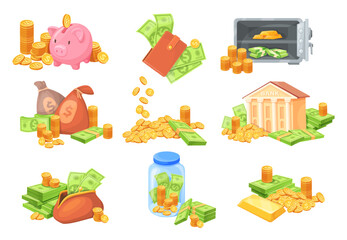 Cartoon banknote stack. Cash money bundle dollar bill, gold coins jar piggy bank green paper currency wallet coin bag financial growth rich investment, neat vector illustration