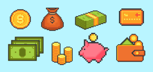 Money pixel art. Coins cash dollar bill 8 bit game ui icon, gold bag piggy bank credit card wallet retro videogame elements invest finance set, cartoon neat vector illustration