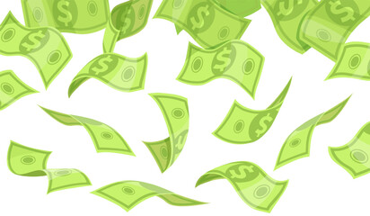 Falling dollars background. Cartoon dollar bill floating air, money explosion falling cash banknotes rain casino winner bonus green paper currency in sky, neat vector illustration
