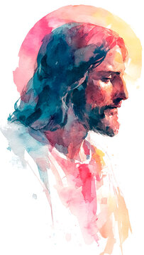 Watercolor Profile Of Jesus Christ With Luminous Halo And Pastel Wash. Spiritual Reflection, Holy Season.