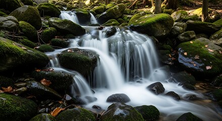 Fototapeta premium Serene cascade flowing gracefully over moss-covered rocks in a lush forest setting