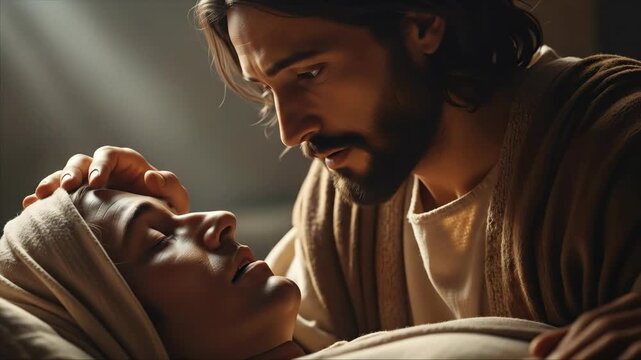 Jesus Christ, a man with a beard, touching eyes of another man. Biblical scene of divine healing for religious and spiritual concept.