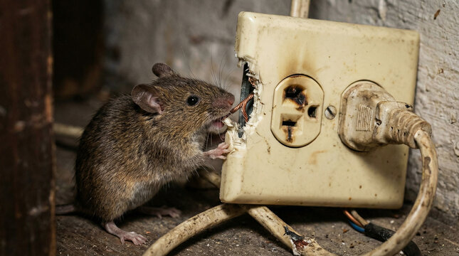 Mouse Gnawing Electrical Outlet Area, Safety Hazard Close-Up