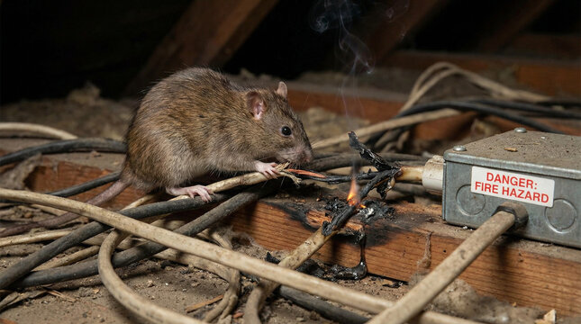 Rat Chewing Electrical Cable, Fire Hazard Damage Concept