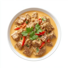 Savory Creamy Beef Curry with Red Peppers and Fresh Cilantro Garnish in White Bowl