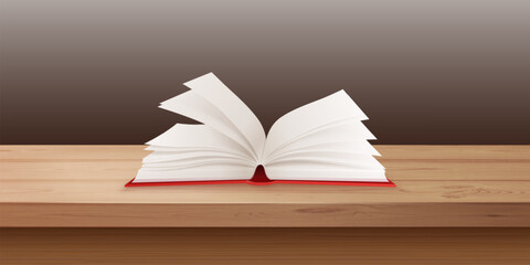 Open book table. Realistic red opened book on wooden desk in school library, university textbook book home education college study storybook storytelling time vector illustration